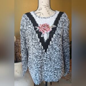 Vintage Black & White Embellished Knit Sweater | Floral | Boho Cottagecore